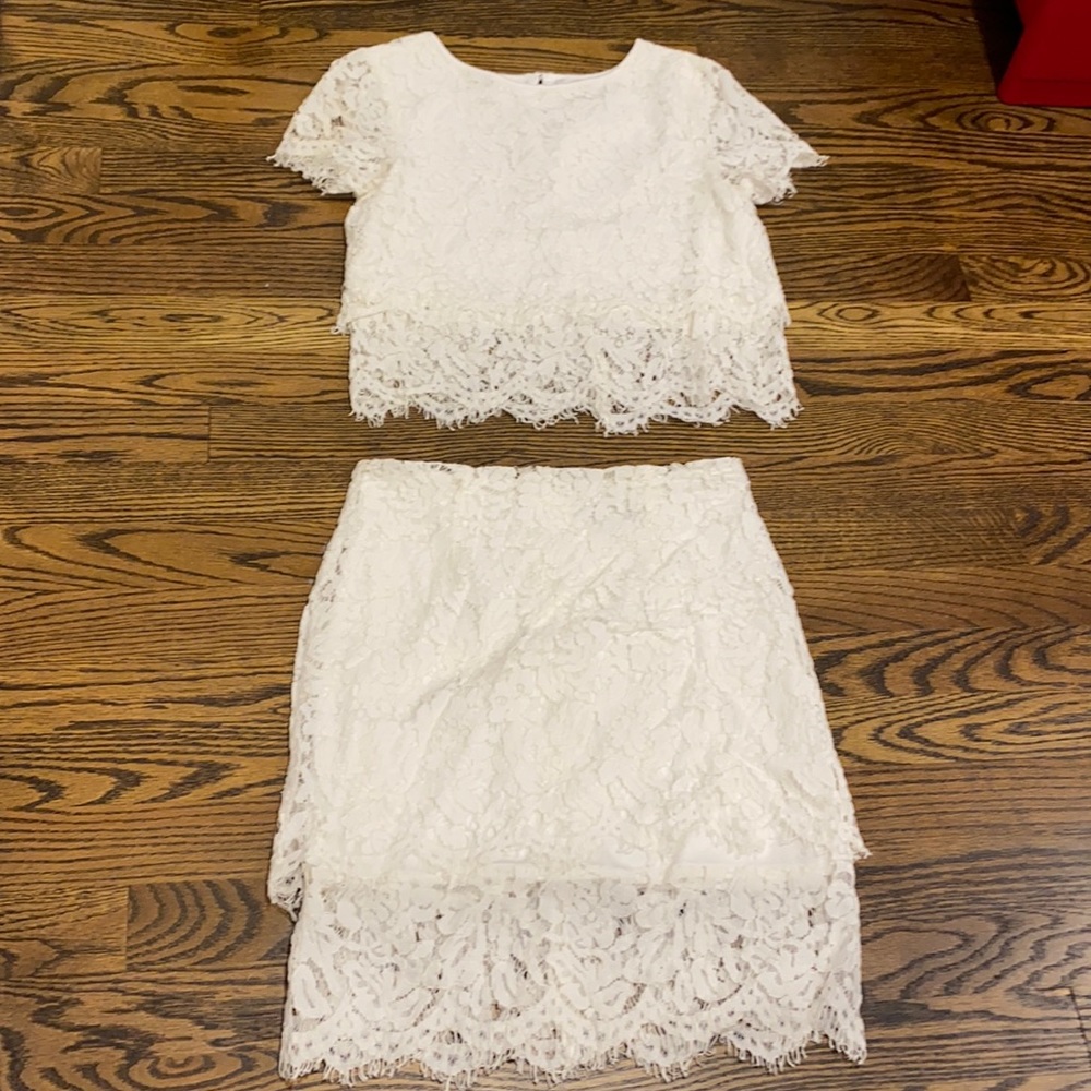 White Lace Shirt & Skirt Set LuLus